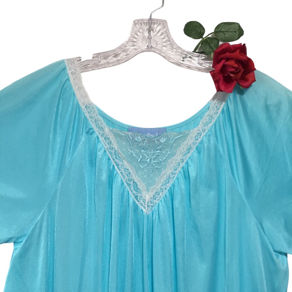 Vtg COFFEE TIME nylon aqua lace-emb insert fairycore night gown short sleeve EUC